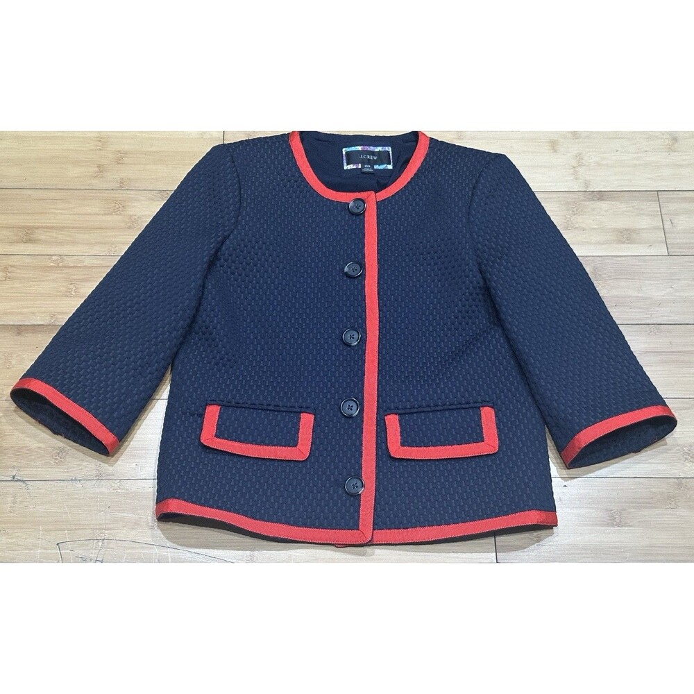 J.Crew Three-quarter-sleeve jacket in matelassé Women’s Size 00 Navy/ Red Preppy